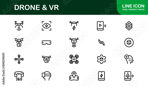 Drone and Virtual Reality line icon set – Modern professional vector icon collection for tech, innovation, and smart device industries.