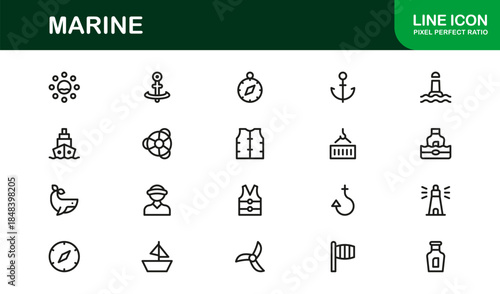 Marine Life Professional Line Icon Set Featuring Modern Minimal Vector Designs for Nautical, Ocean, and Sea Themed Projects