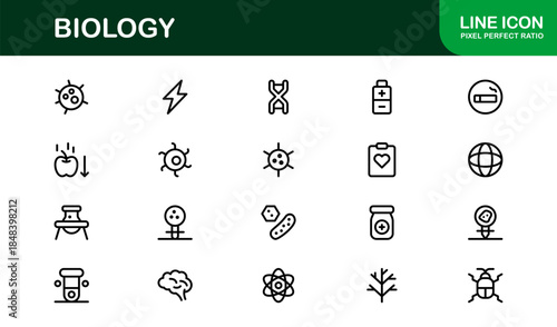 Biology Line Icon Set – Professional Modern Lab Symbols, DNA, Cells, and Scientific Research Icons in Minimal Outline Style