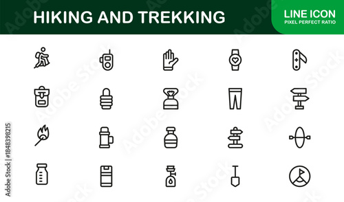 Hiking Trekking Line Icon Set – Professional Minimal Outline Icons for Adventure, Nature, and Outdoor Activities