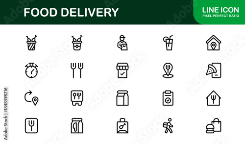 Food Delivery Line Icon Set – Professional Minimal Outline Icons for Apps, Websites, and Digital Services, Modern Vector Graphics Pack
