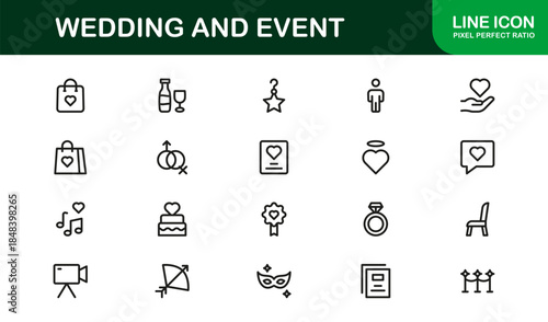 Wedding and Event Professional Line Icon Set with Modern Minimalist Vector Design for Elegant Celebrations and Special Occasions