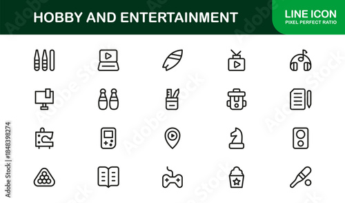 Hobby Entertainment Line Icon Set – Professional Minimal Vector Icons for Creative Projects, Leisure Activities, and Fun Pastimes