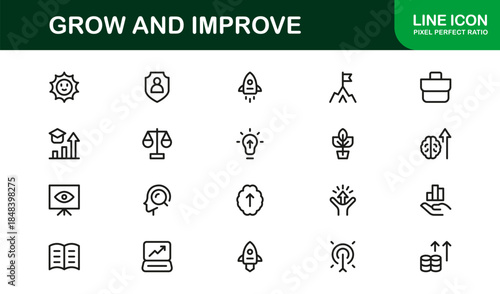 Modern line icon set – Professional minimal growth and progress symbols, sleek vector outline icons for business, finance, and development.