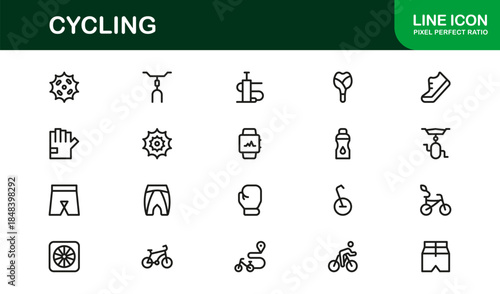 Cycling essentials in modern line icon set featuring minimal, stylish, and versatile illustrations of biking, gear, helmets, and sports accessories. Perfect for premium digital content.
