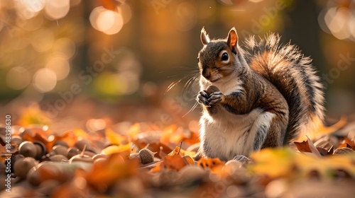 Squirrel Enjoying Nut In Autumn Leaves