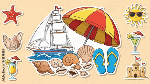 Summer Beach Vacation Elements Collection with Sailboat and Umbrella.