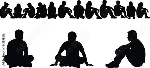 Silhouette of people sitting in various poses, group of seated human figures, calm waiting meditation posture, community lifestyle vector illustration