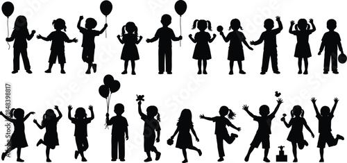 Silhouette of happy children celebrating with balloons, joyful kids playing dancing together, childhood party fun vector illustration, outdoor festival celebration concept design
