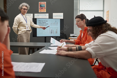 Canvas Print Middle aged Caucasian woman teaching group of young adult women in orange unifor