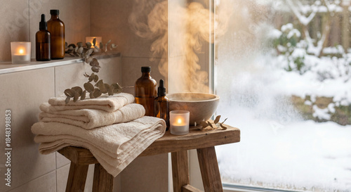 Cozy Spa Setting with Towels, Bottles, and Snowy Window View