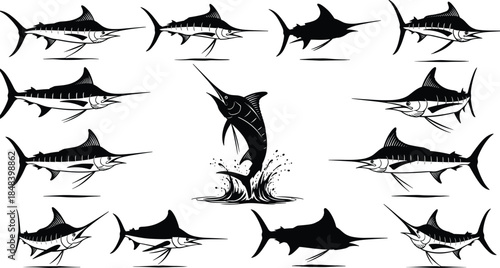 Marlin and swordfish silhouettes collection, dynamic sport fishing fish set, ocean marine wildlife illustration vector design for fishing logos and apparel