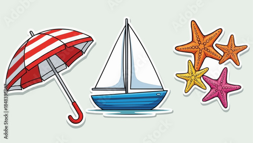 Summer Beach Vacation Objects Umbrella Sailboat Starfish Collection.
