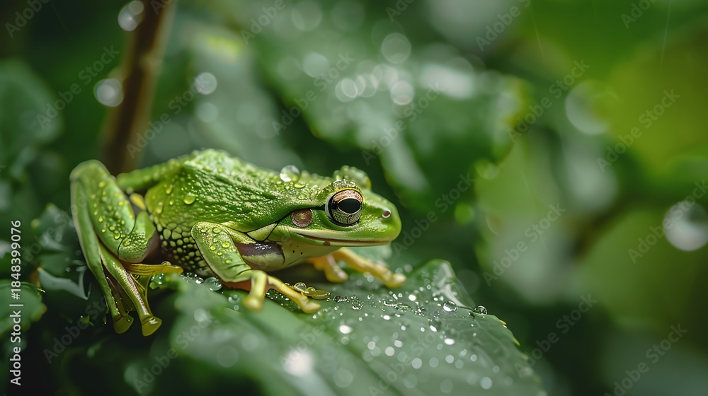 Obraz premium Vibrant Green Tree Frog Resting On Dewy Leaf