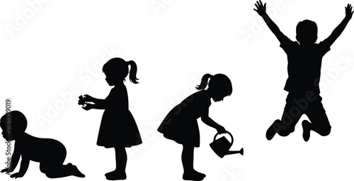 Children silhouette growth stages illustration showing baby crawling, toddler standing, child watering plants, joyful jumping, development, learning, childhood concept