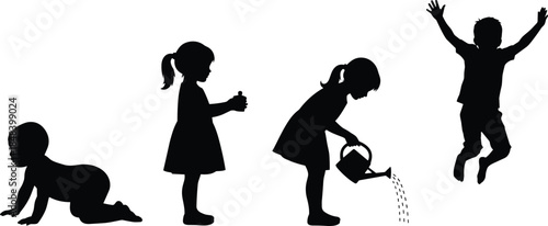 Children silhouette life stages illustration showing baby crawling, toddler standing, child watering plants, joyful jumping, growth, development, childhood concept