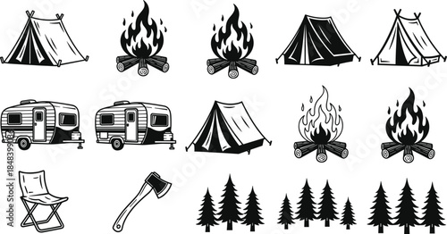 Camping and outdoor adventure silhouettes set, tents campfires caravan icons collection, nature travel equipment vector illustration for wilderness lifestyle design