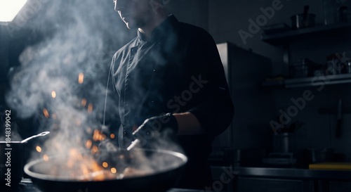 Chef Cooking in Kitchen with Flames and Smoke Rising from Pan