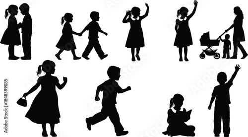 Children silhouettes in daily activities including walking waving running reading and family moments isolated on white background for lifestyle design