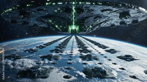A colossal alien mothership hovers ominously above a distant planet deploying an armada of smaller UFOs in a structured invasion pattern showcasing advanced extraterrestrial technology and a dramatic.