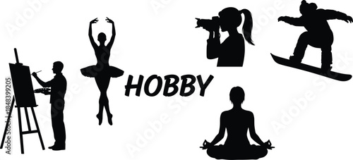 Silhouette collection of various hobby activities including painting, ballet, photography, snowboarding, and yoga, creative lifestyle vector illustration for leisure, recreation, and personal interes