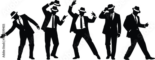 Elegant dancing silhouettes of stylish men in suits and hats performing expressive vintage choreography poses, dynamic retro movement artwork for creative design and vector illustration projects