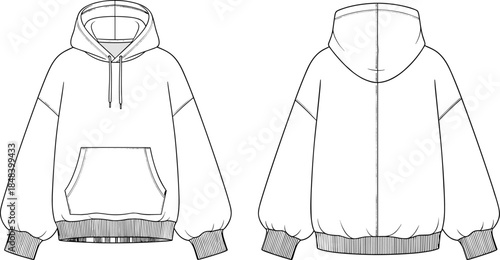 Blank Oversized Hoodie Technical Flat Sketch Front and Back View CAD Drawing Apparel Template Vector Illustration Fashion Mockup Hoodie with Pocket