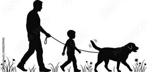 Father and son walking dog together, family bonding silhouette, outdoor lifestyle concept, parenting, childhood companionship, love, nature, responsibility