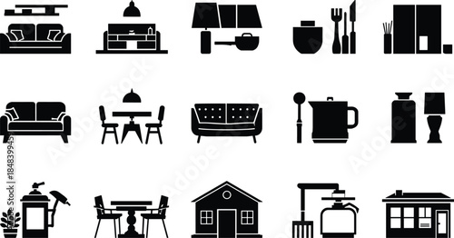 Household silhouette icons, home furniture vector set, kitchen, living room, dining, shower, birdhouse, coffee maker, black shapes, interior, decor