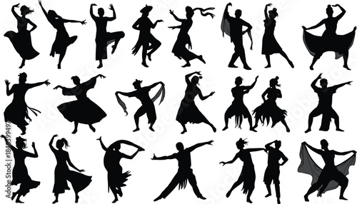 Dancing couple silhouette icons, partner dance vector set, ballroom, tango, waltz, motion, pose, black shapes, performance, elegance, rhythm, art