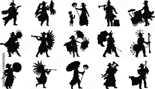 Carnival performer silhouette icons, festive costume vector set, musical instruments, parasol, dance, celebration, black shapes, cultural art, theatrical scene