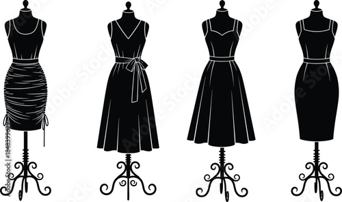 Female dress mannequin silhouettes collection, elegant fashion clothing designs on tailor forms, classic apparel display set, isolated black vector illustration