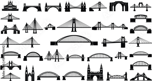 Bridge silhouettes mega collection, modern and classic suspension, arch and cable bridges, urban infrastructure landmarks, isolated black vector illustration set