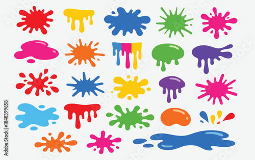 Vibrant collection of colorful paint splashes, drips, and ink blots in various shapes and sizes