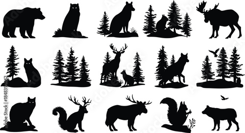 Woodland animal silhouette icons, forest wildlife vector set, bear, deer, fox, owl, moose, squirrel, trees, nature, black shapes, outdoor