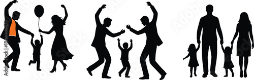Happy family silhouettes dancing and walking together, parents and children celebrating joy, love, unity, lifestyle, parenthood, happiness illustration concept vector