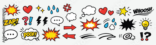 A vibrant collection of hand-drawn comic book elements and doodle speech bubbles