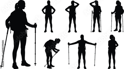 Hiking woman silhouettes with trekking poles in multiple poses isolated on white background representing outdoor adventure fitness and travel lifestyle