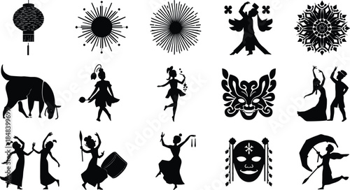 Cultural celebration silhouette icons, folk dance, lantern, drum, mask, festival vector set, traditional art, black shapes, people, performance, heritage