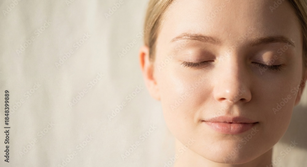 Naklejka premium Calm Woman with Closed Eyes Enjoying Peaceful Moment in Soft Light