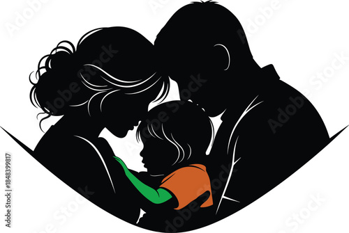 Loving family silhouette with parents embracing child in heart shape with colorful accent isolated on white background symbolizing care