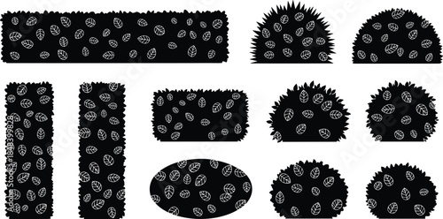 Garden hedge bush silhouettes set, geometric shrub shapes with leaf patterns, landscaping design elements, isolated black vector illustration collection
