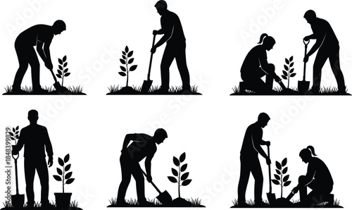 Garden planting people silhouettes set, men and women gardening with shovel, tree planting activities, isolated black vector illustration for landscaping concepts