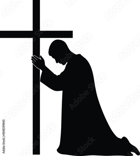 Man kneeling in prayer before cross silhouette expressing faith, devotion, Christianity, hope, worship and spiritual belief on white background