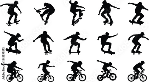 Skateboarding and BMX silhouette vector set, extreme sports icons, stunt riders, action poses, urban freestyle clipart, athletic trick graphic pack