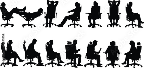 Office people silhouettes sitting on chairs in different working and resting poses isolated on white background for business design