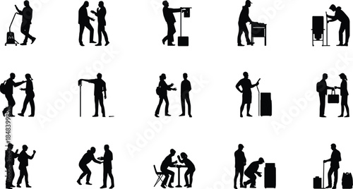 Voting silhouette vector set, election icons, polling station scenes, ballot casting, voter interaction, democratic process clipart, civic engagement graphic pack