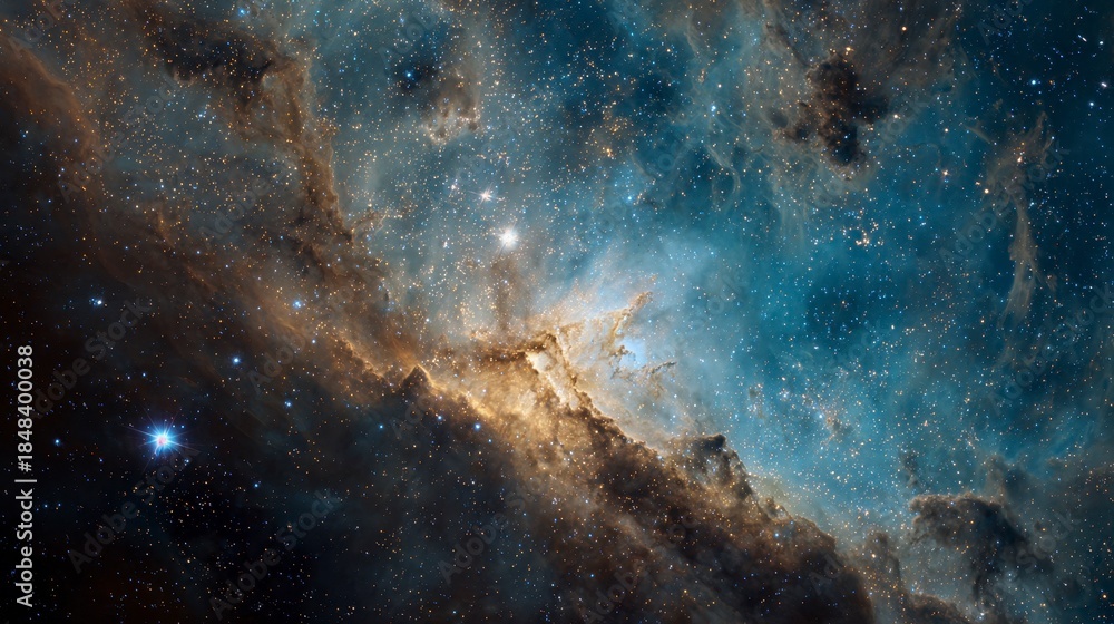 Obraz premium A breathtaking depiction of a celestial nebula, featuring swirling clouds of cosmic dust and gas, with vibrant hues of blue and gold