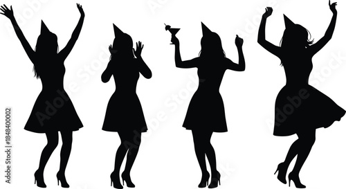 Party girl silhouette set showing dancing woman with cocktail, celebration, nightlife, music, freedom, fashion, joy, entertainment, lifestyle illustration concept