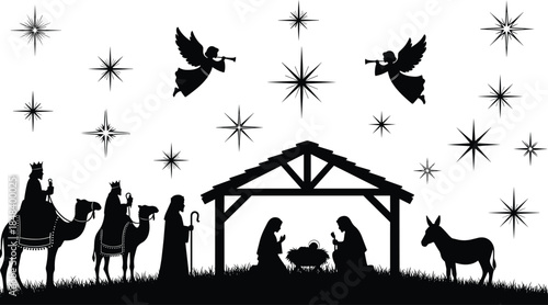 Nativity scene silhouettes with angels, wise men and holy family under stars, traditional Christmas religious story, isolated black vector illustration